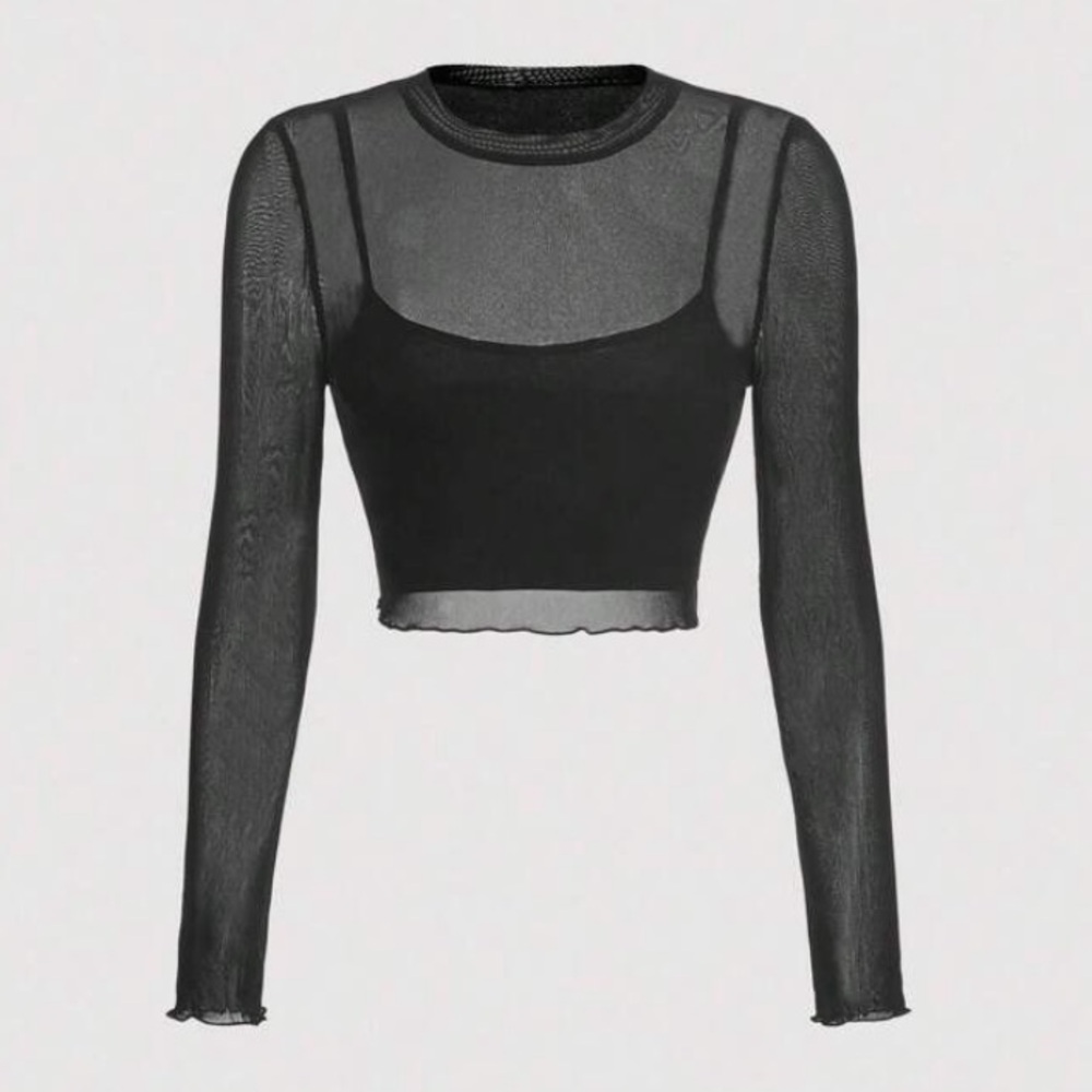 Black Sheer Long Sleeve Top with crop cami